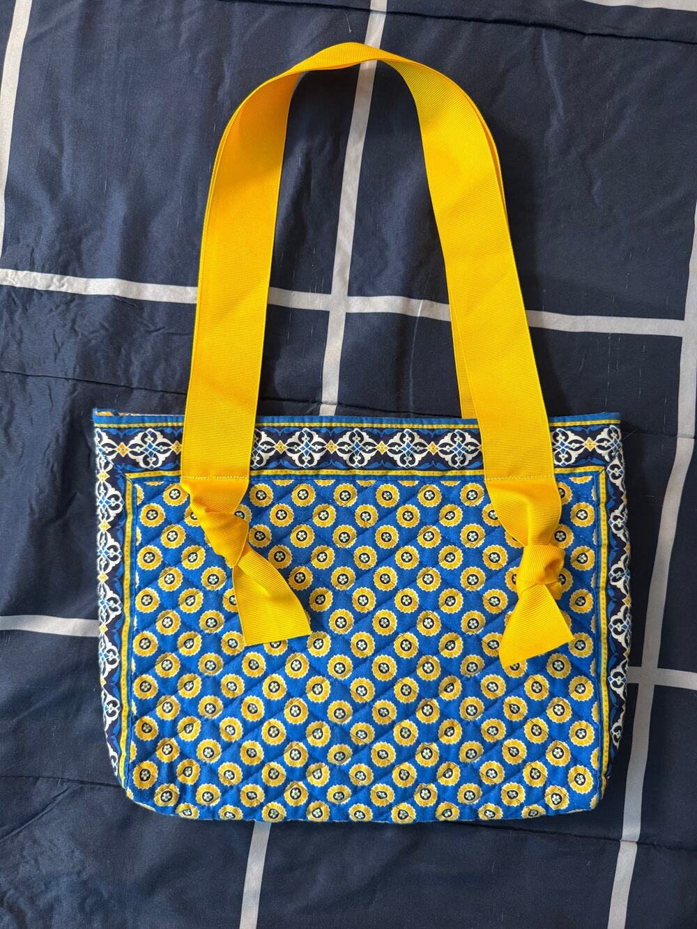 Vera Bradley Mini Tote Bag Blue Yellow Quilted Cotton Shoulder Bag